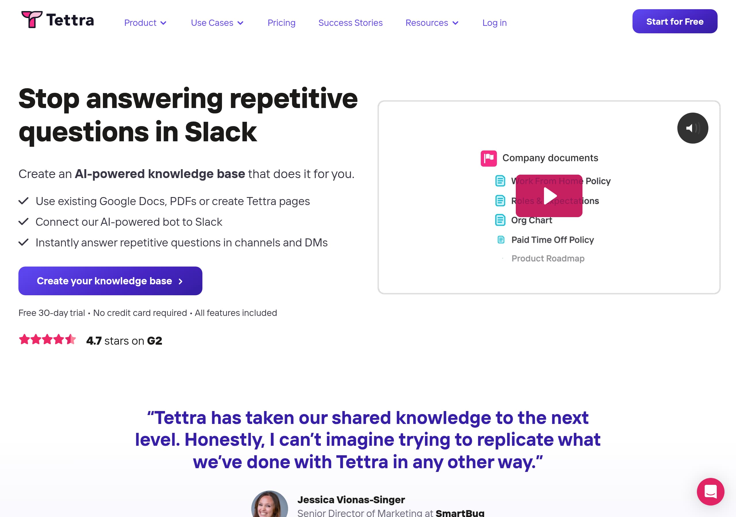 Tettra homepage – Website breakdown screenshot Homepage of Tettra marketing site – hero and above-the-fold content