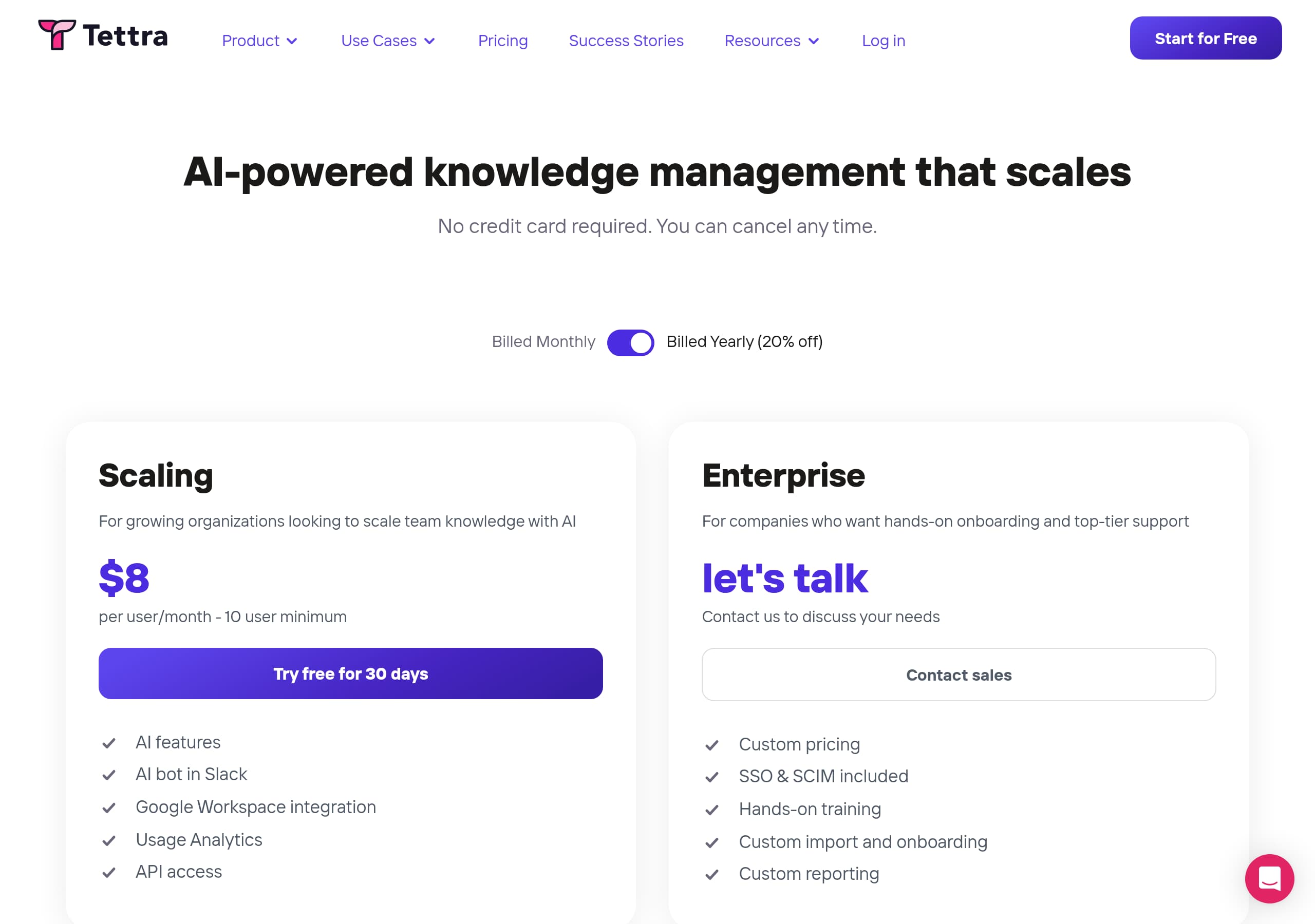 Tettra – Pricing screenshot Pricing – Tettra website breakdown
