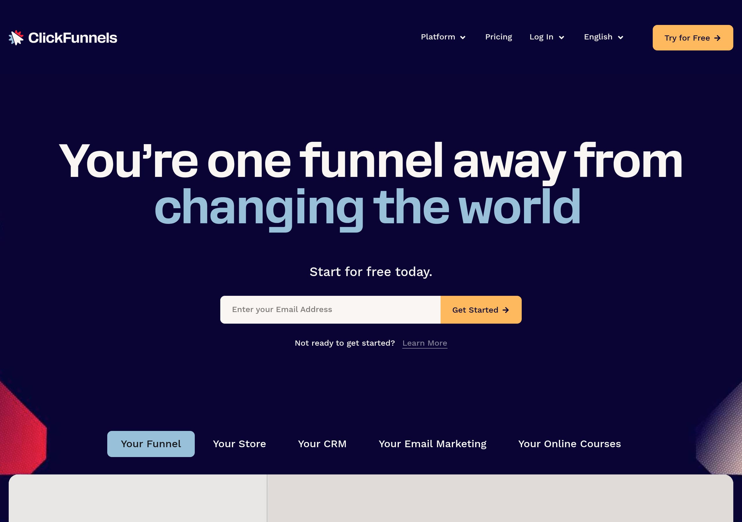 ClickFunnels homepage – Website breakdown screenshot Homepage of ClickFunnels marketing site – hero and above-the-fold content