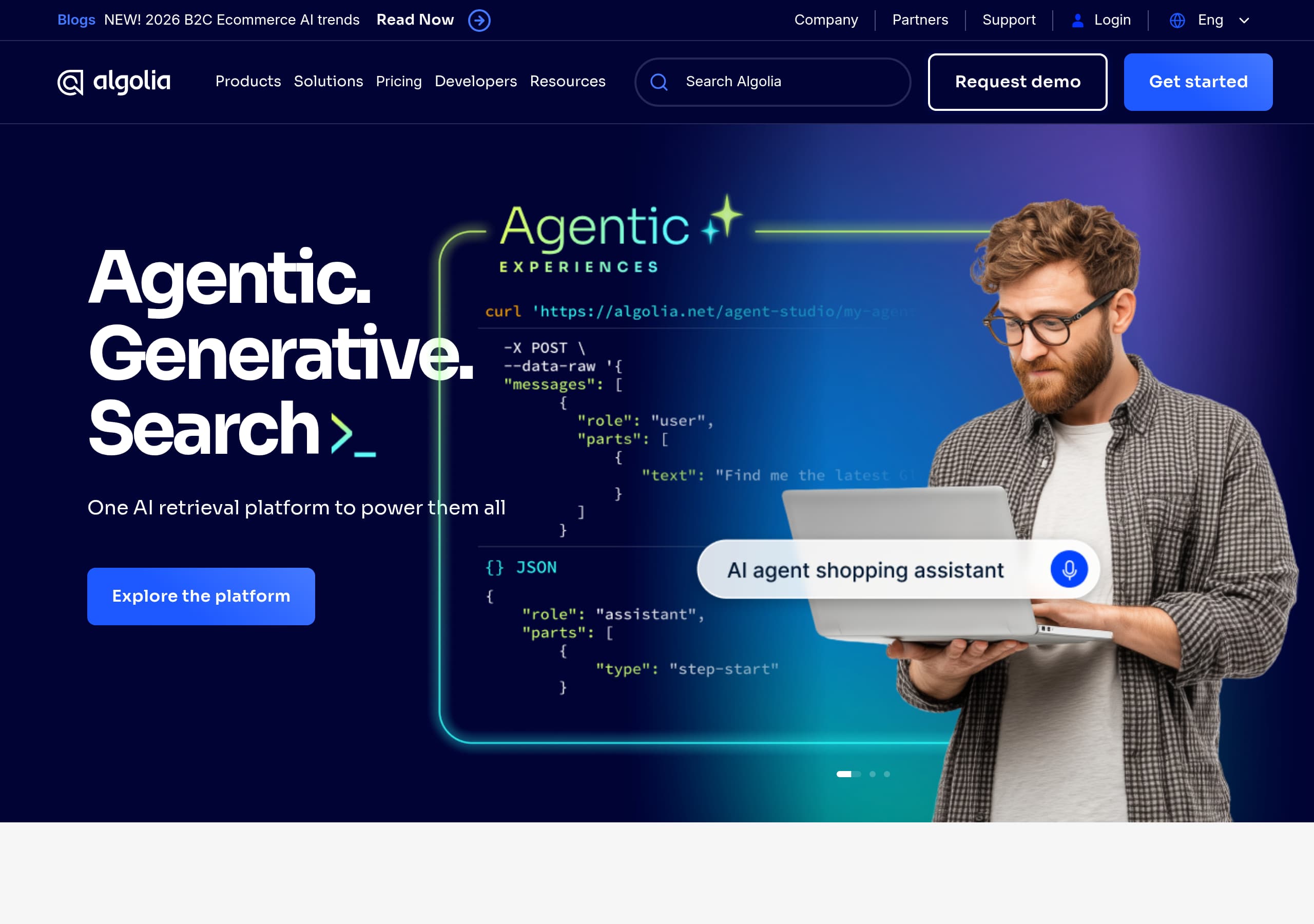 Algolia homepage – Website breakdown screenshot Homepage of Algolia marketing site – hero and above-the-fold content