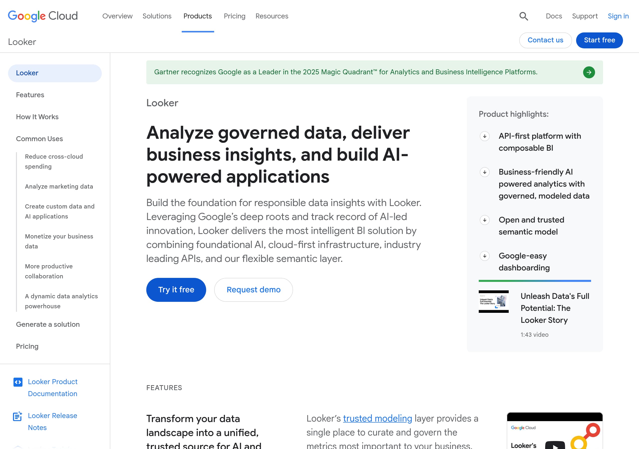 Looker homepage – Website breakdown screenshot Homepage of Looker marketing site – hero and above-the-fold content