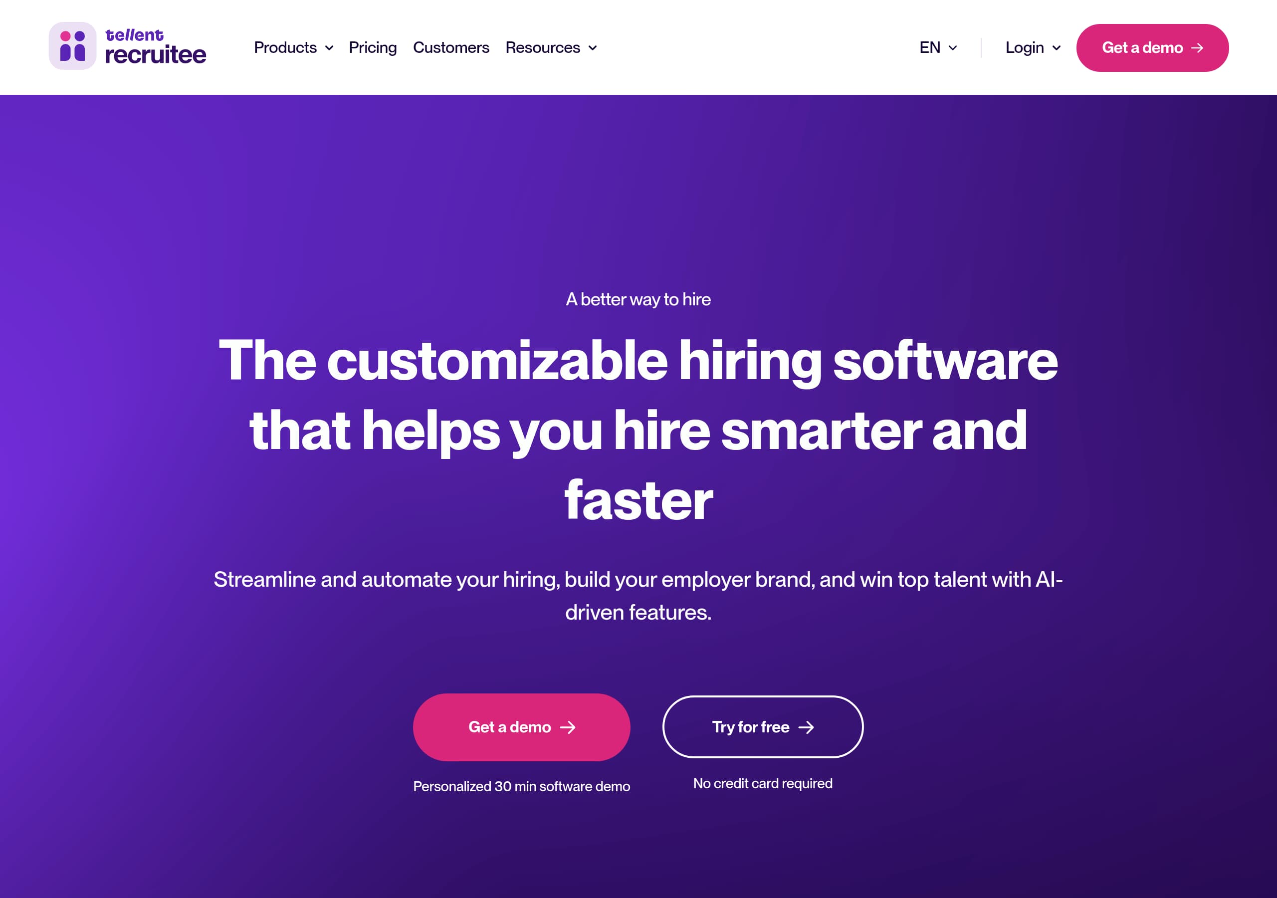 Recruitee homepage – Website breakdown screenshot Homepage of Recruitee marketing site – hero and above-the-fold content