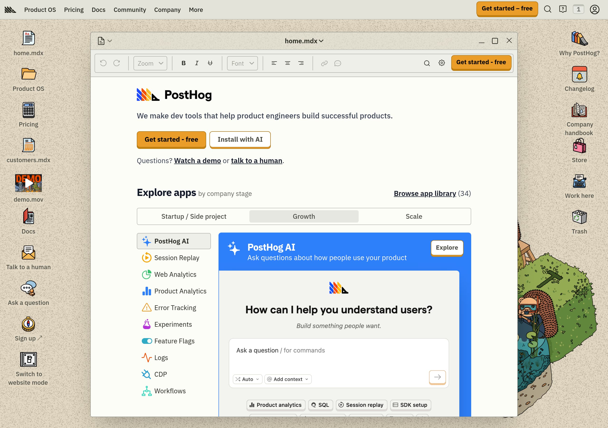 PostHog homepage – Website breakdown screenshot Homepage of PostHog marketing site – hero and above-the-fold content