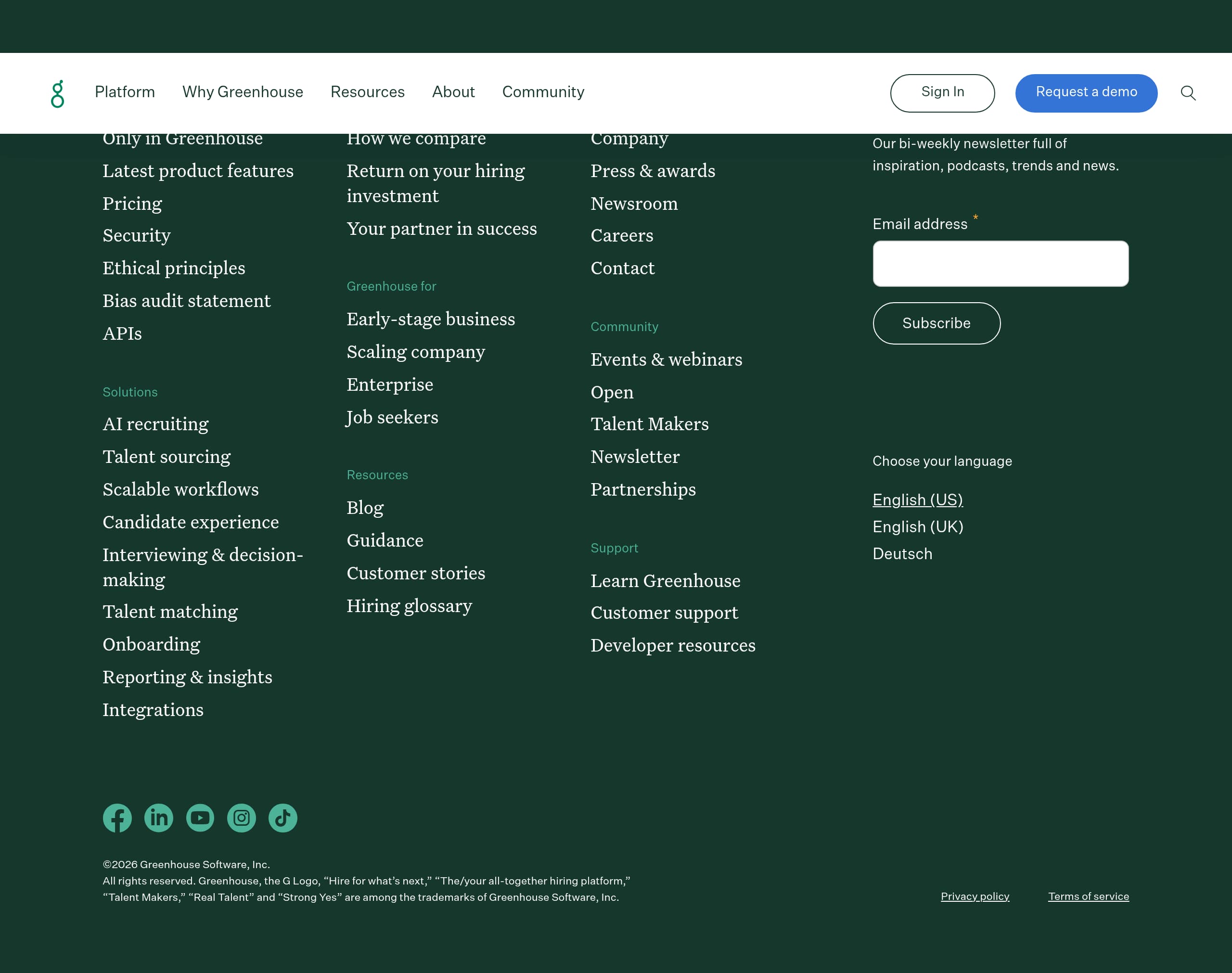 Greenhouse – Footer screenshot Footer – Greenhouse website breakdown