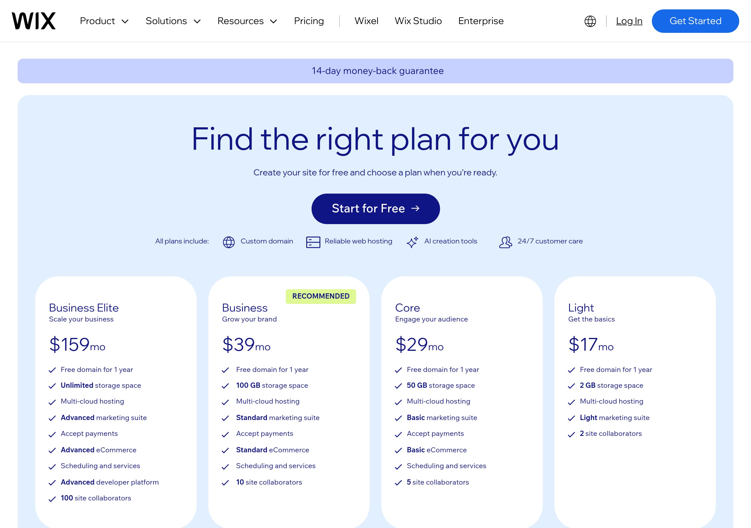Wix – Pricing screenshot Pricing – Wix website breakdown