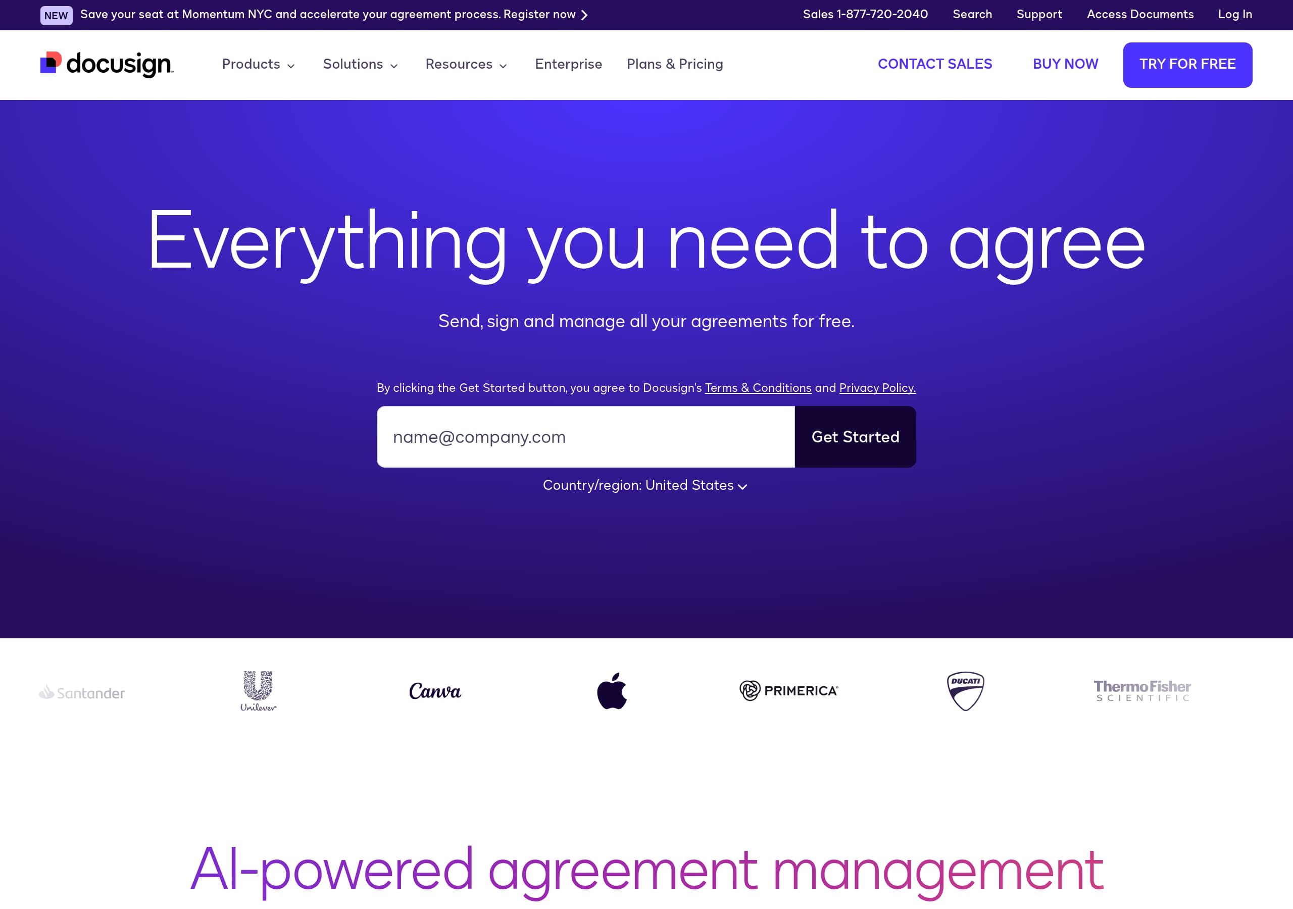 DocuSign homepage – Website breakdown screenshot Homepage of DocuSign marketing site – hero and above-the-fold content