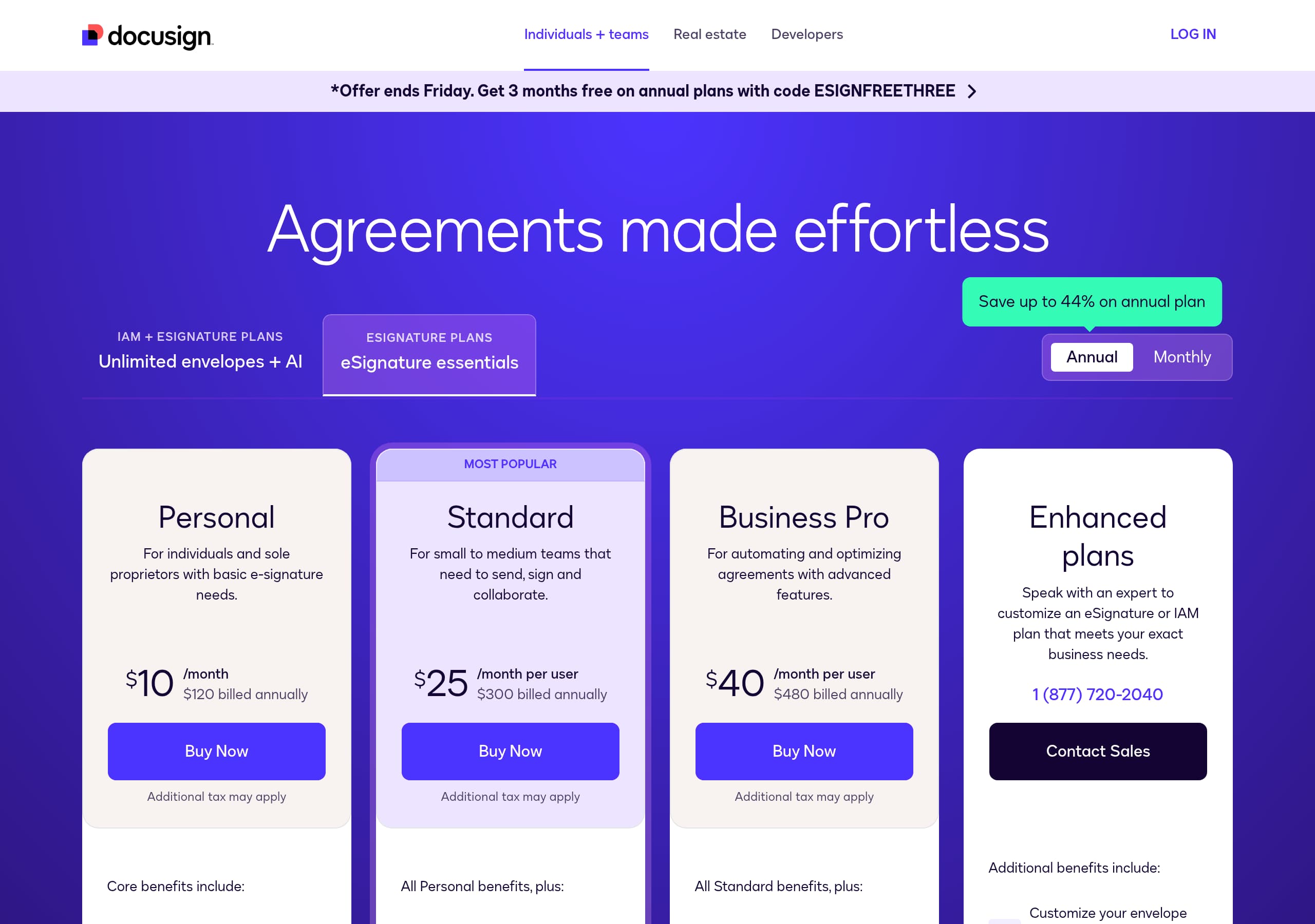 DocuSign – Pricing screenshot Pricing – DocuSign website breakdown