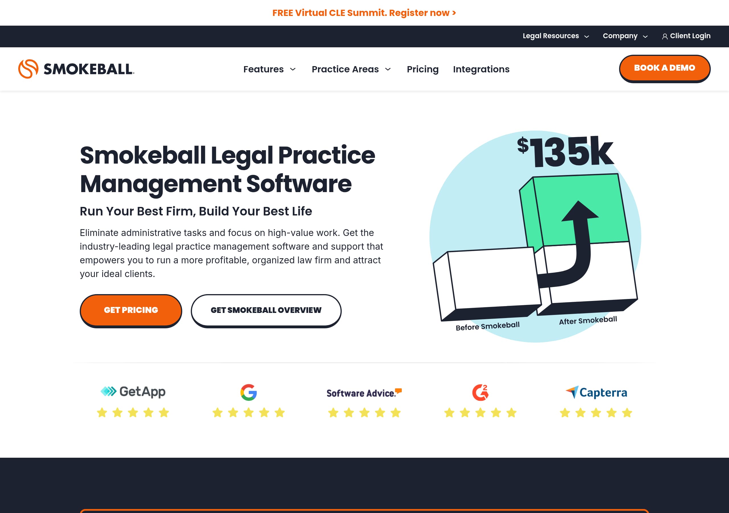 Smokeball homepage – Website breakdown screenshot Homepage of Smokeball marketing site – hero and above-the-fold content