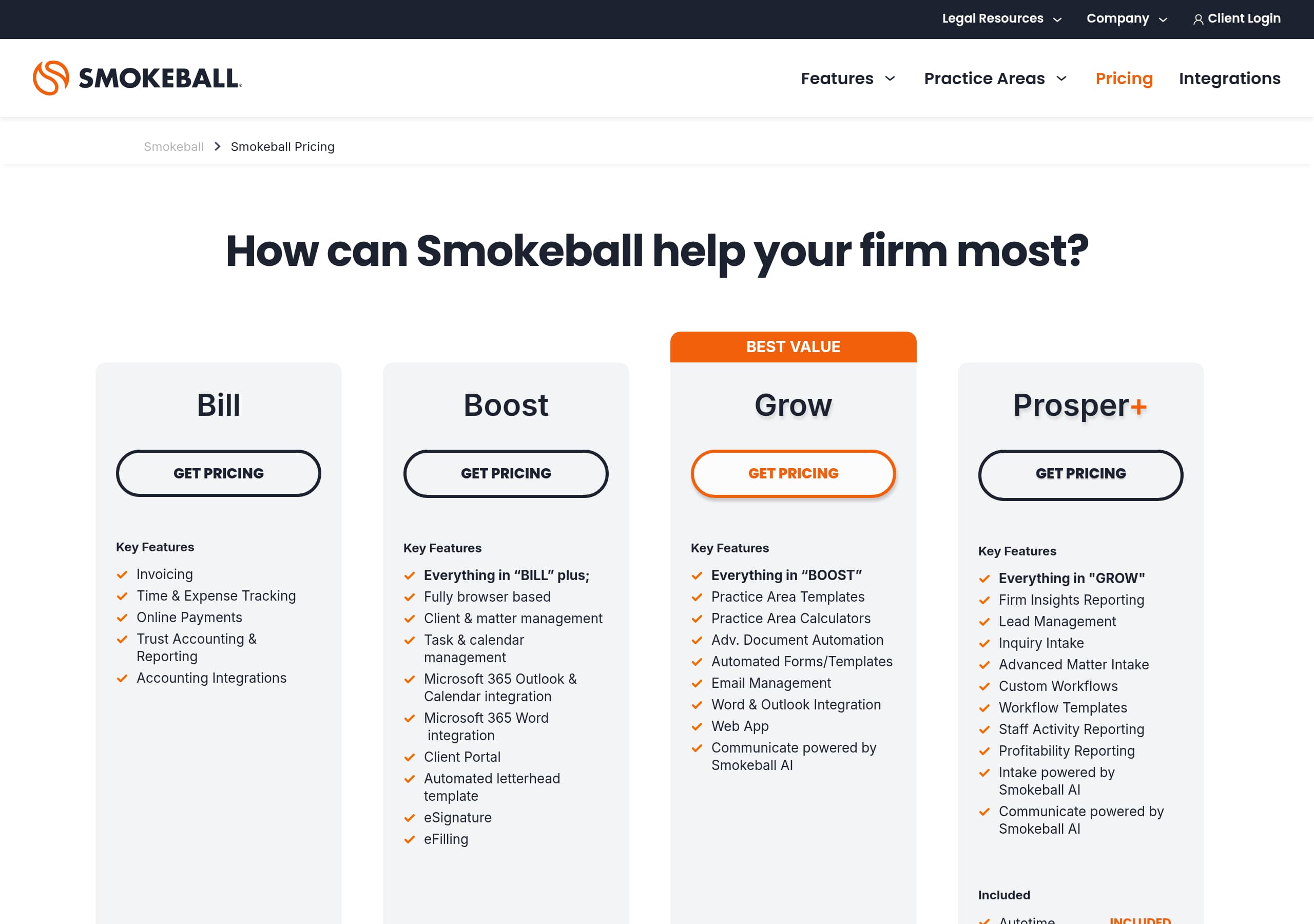 Smokeball – Pricing screenshot Pricing – Smokeball website breakdown