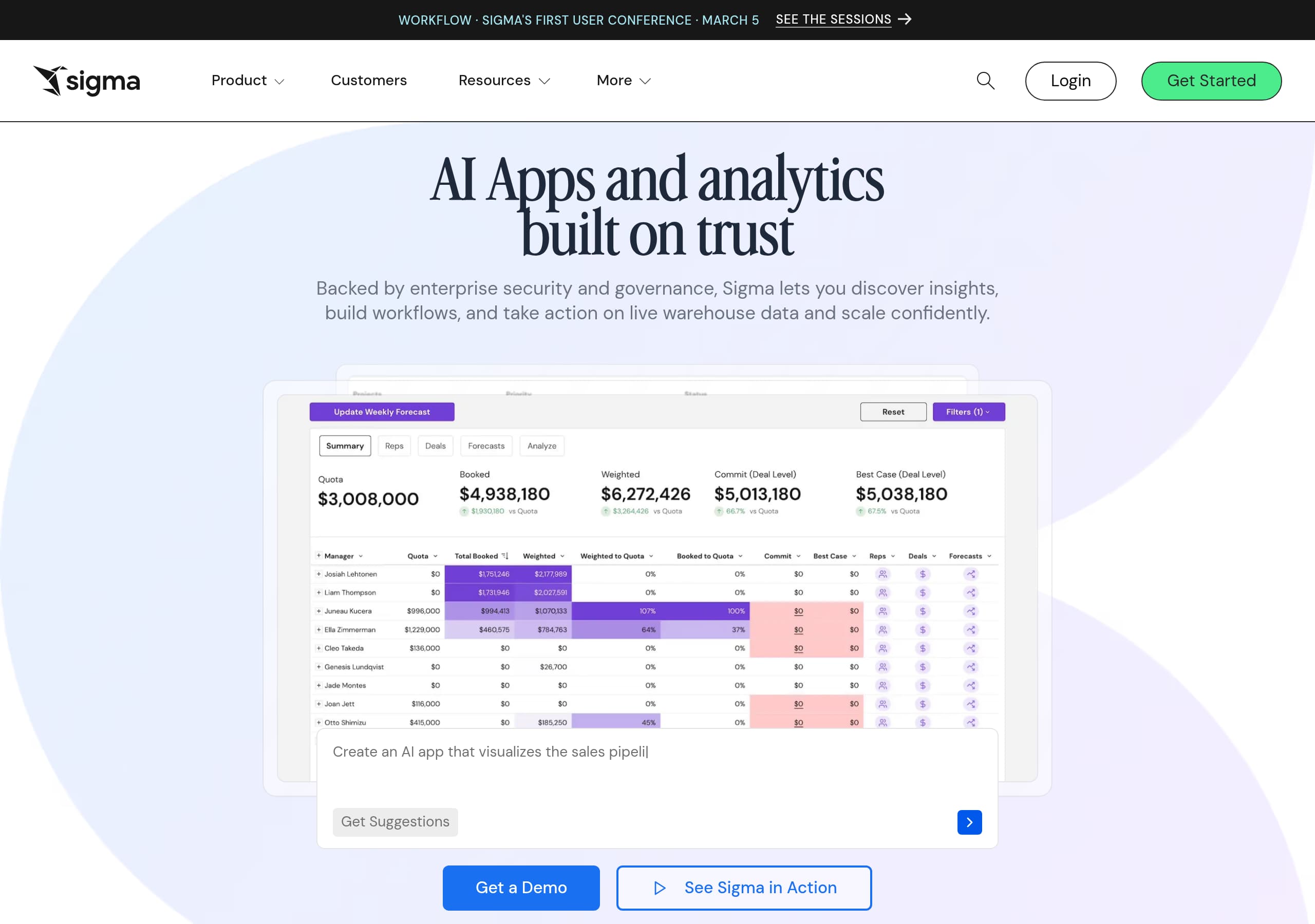Sigma Computing homepage – Website breakdown screenshot Homepage of Sigma Computing marketing site – hero and above-the-fold content