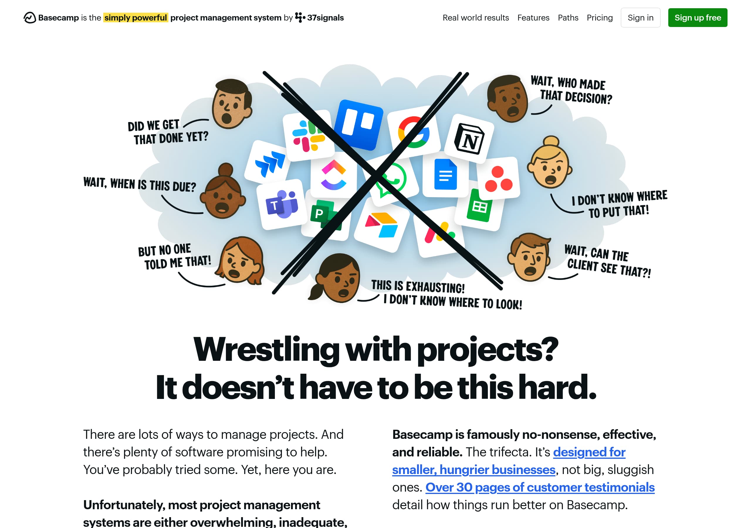 Basecamp homepage – Website breakdown screenshot Homepage of Basecamp marketing site – hero and above-the-fold content