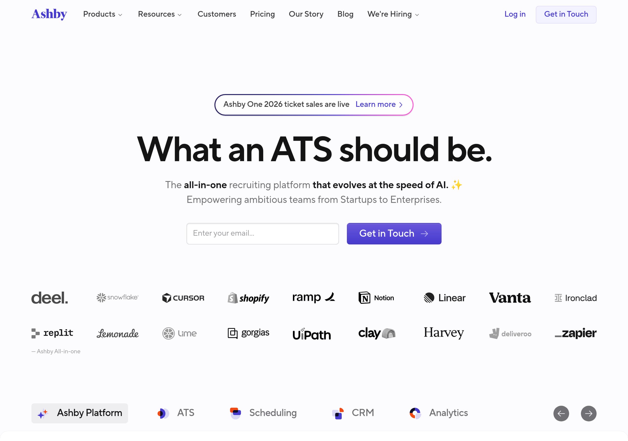 Ashby homepage – Website breakdown screenshot Homepage of Ashby marketing site – hero and above-the-fold content