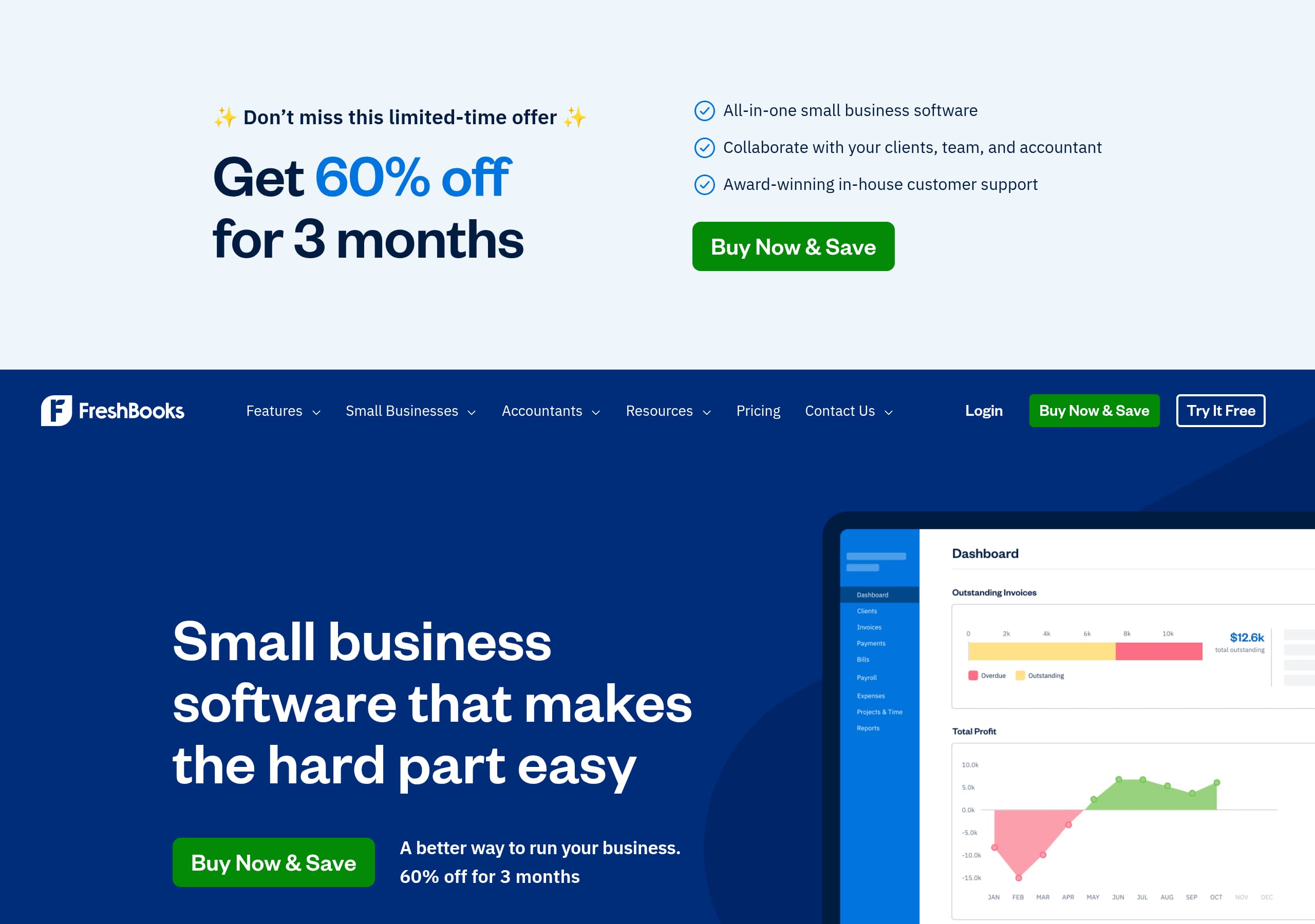 FreshBooks homepage – Website breakdown screenshot Homepage of FreshBooks marketing site – hero and above-the-fold content