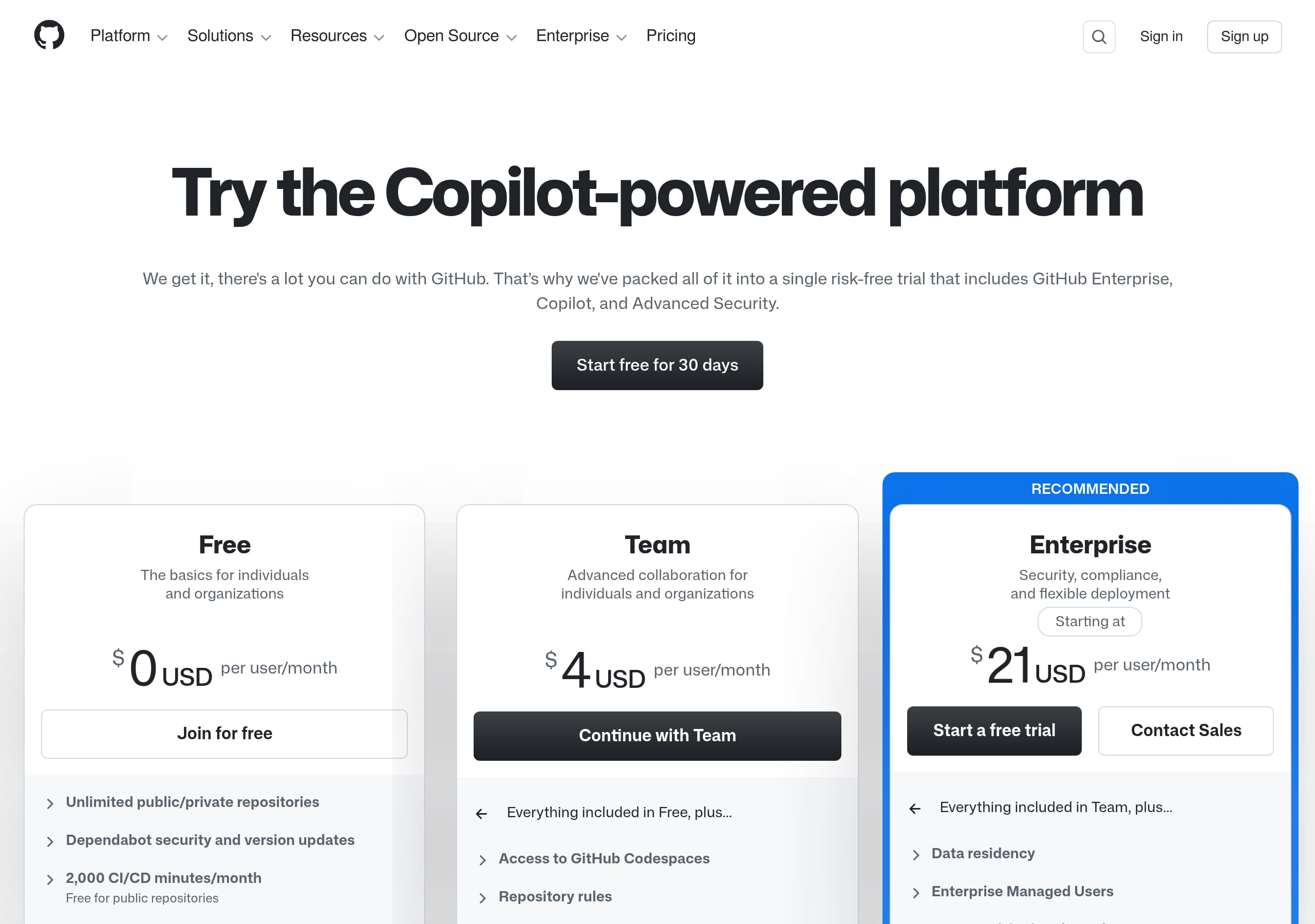 GitHub – Pricing screenshot Pricing – GitHub website breakdown