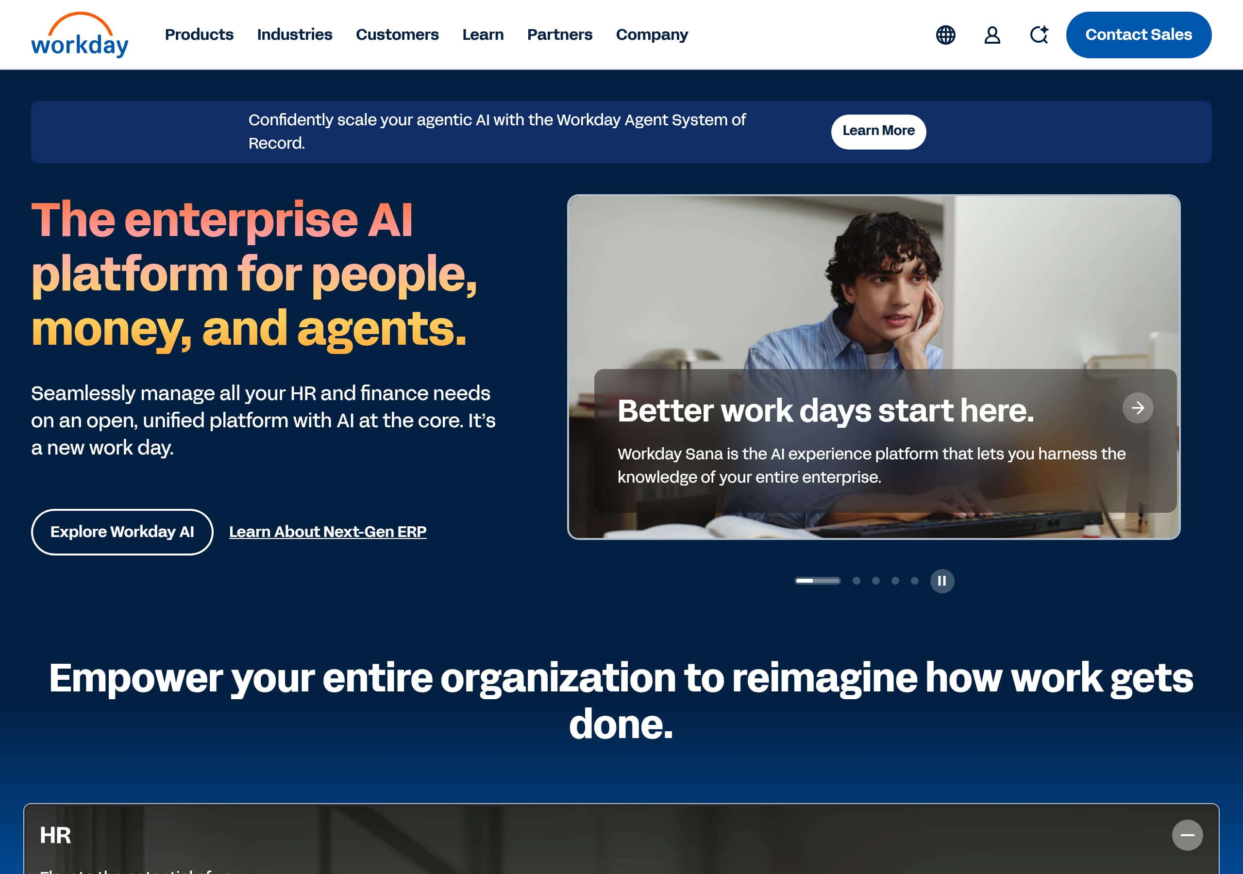 Workday homepage – Website breakdown screenshot Homepage of Workday marketing site – hero and above-the-fold content