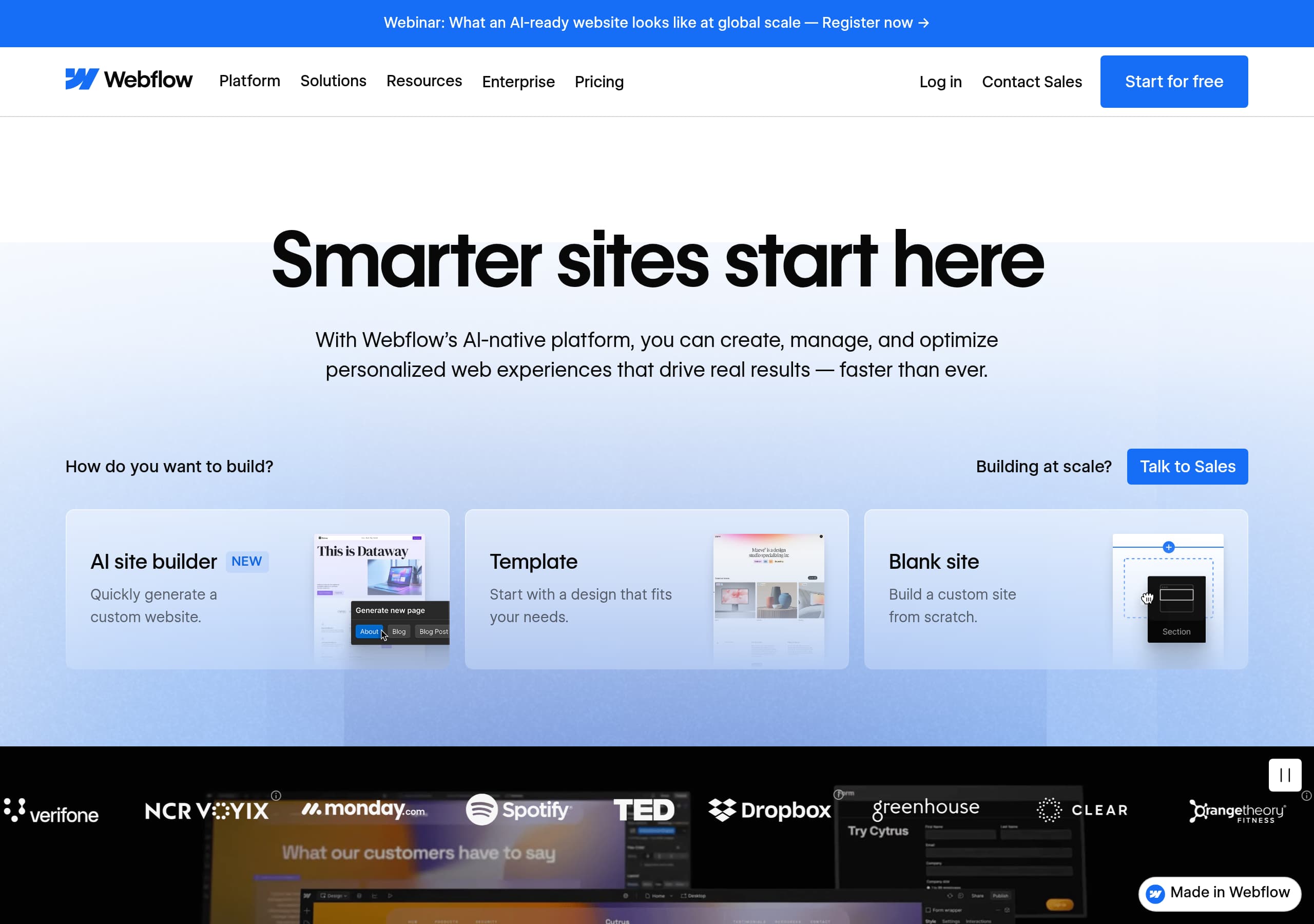 Webflow homepage – Website breakdown screenshot Homepage of Webflow marketing site – hero and above-the-fold content