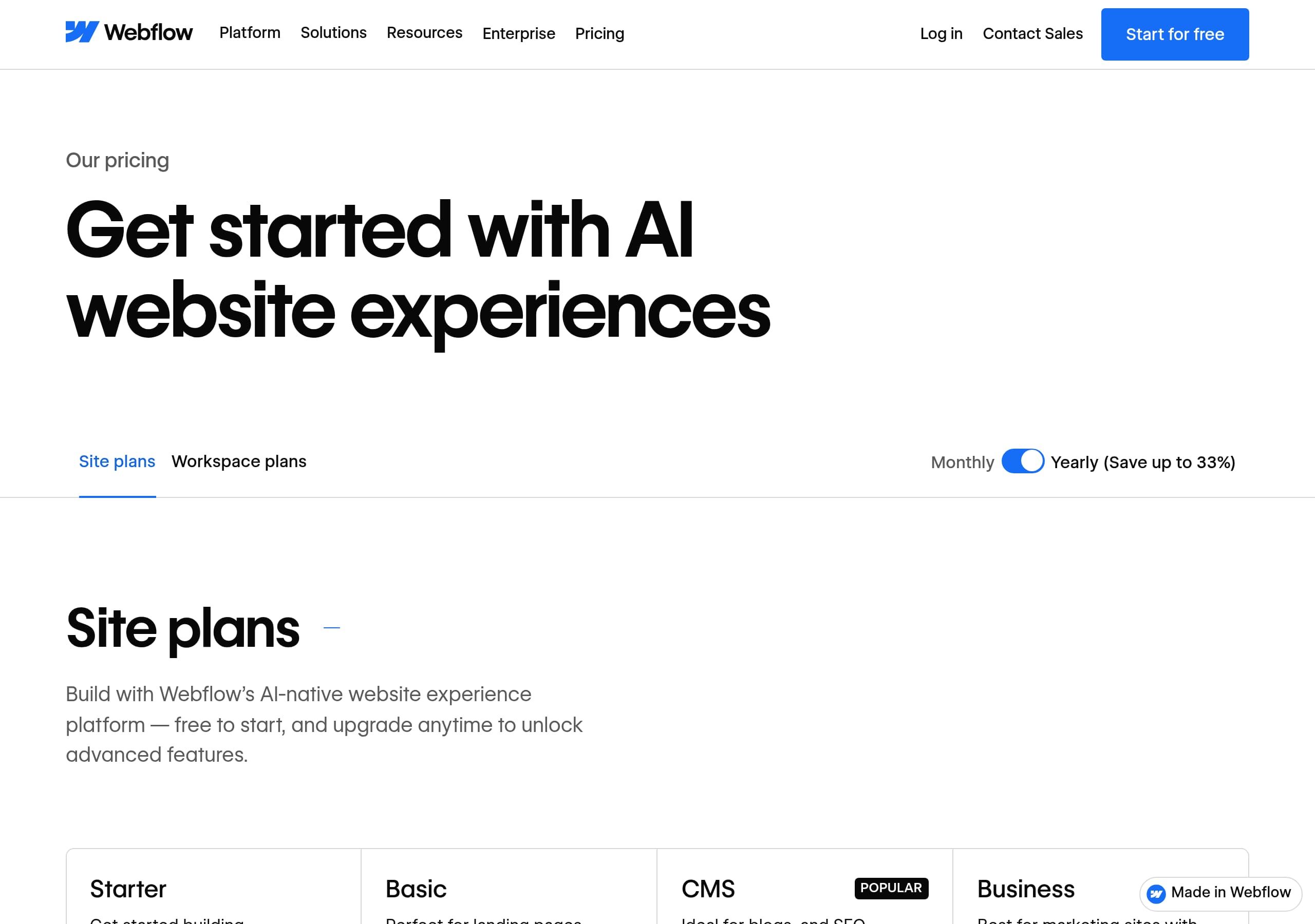 Webflow – Pricing screenshot Pricing – Webflow website breakdown