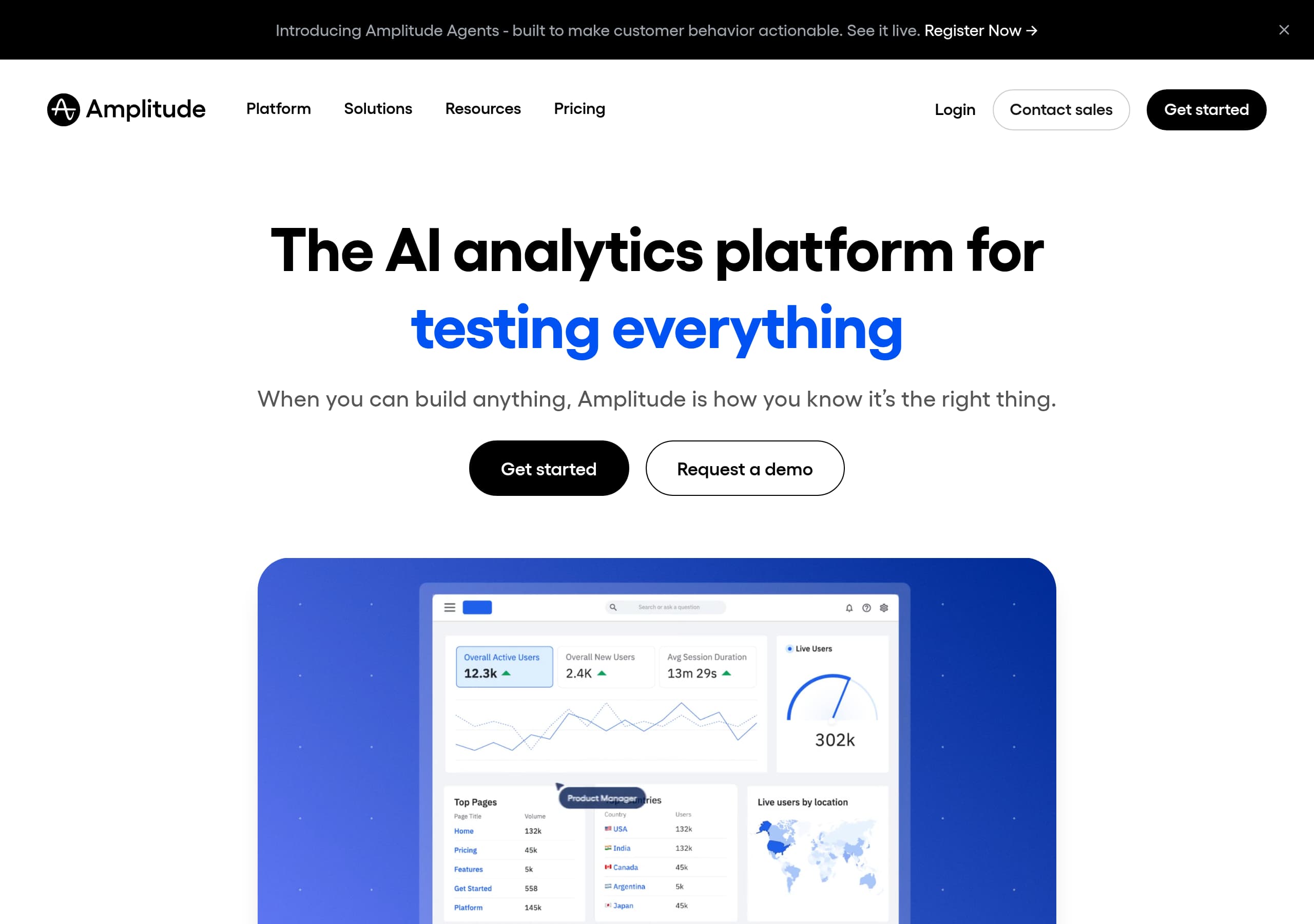 Amplitude homepage – Website breakdown screenshot Homepage of Amplitude marketing site – hero and above-the-fold content